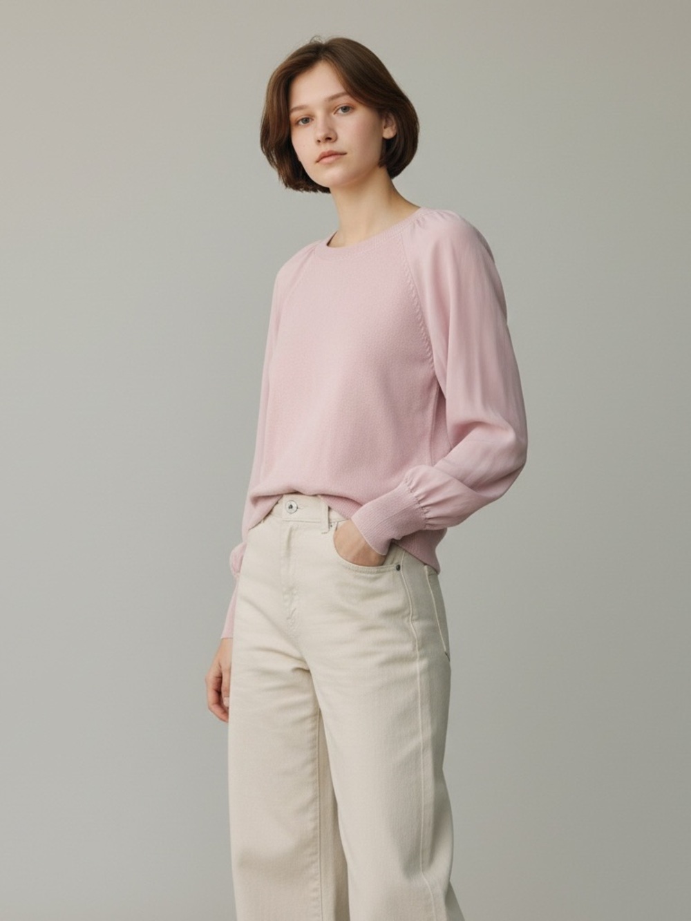 LOFT Blush Pink Crewneck Mixed-media Sweater M